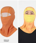 Thermochromic Color Changing Long Face Mask For Winter Cycling And Skiing Headwear Street Ready Thickened Nylon Warm Neck Gaiter With Temperature Sensitive Fabric Yellow, showing color change effect.