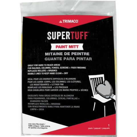 Packaging of Super Convenient Painters Mitt With Thumb Lets You Tackle Hard To Reach Spots On Railings Columns Fences Screens Fast Replaces Brushes And Rollers Double Lined Keeps Your Hand Clean And Dry One Size Fits Most.