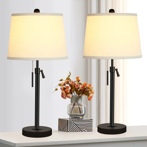 Bedside Table Lamps Set Of 2, Tall Black Nightstand Lamps For Living Room And End Tables, Height Adjustable 22-30 Inches, 3-Way Dimmable With Pull Chain, Modern Bedroom And Office Lamps, Bulbs Included, shown on table with flowers