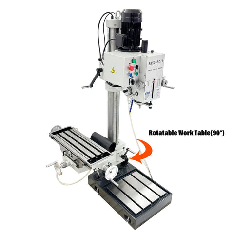 Gear Head Drill Press 220V 3 Phase 1.5KW with rotatable work table, used for drilling, milling, and tapping.