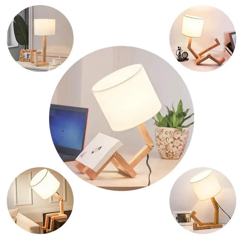 Robot Bedside Lamp With Fabric Lampshade And Foldable Solid Wood Body For Bedroom Or Living Room Cool Creative E27 Table Light