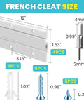 Diagram showing 12-inch Badass Heavy Duty Aluminum French Cleat Hanger sizes with screws and anchors for wall mounting.