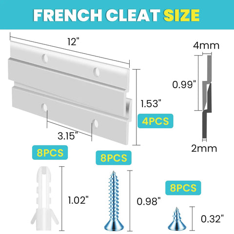 Diagram showing 12-inch Badass Heavy Duty Aluminum French Cleat Hanger sizes with screws and anchors for wall mounting.