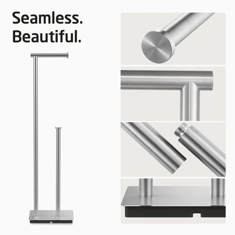 Freestanding Toilet Paper Holder Stand With Reserve Storage In Rustproof Stainless Steel Brushed Finish for Bathroom.