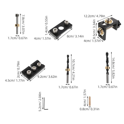 Adjustable Dowel Jig Kit With Precision Drill Guide Locator For Woodworking parts showing measurements, aluminum construction for accurate hole drilling.