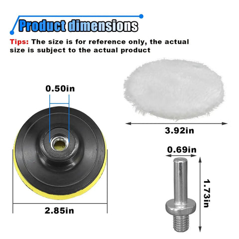 Diagram of Pro Wool Polishing Pad Kit For Auto Detailing And Waxing dimensions with 3.92 inch pad and 2.85 inch backing pad shown