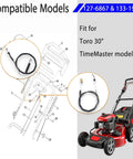 Dual Cable Replacement Kit For Toro TimeMaster Mowers Traction And Brake Cable Set diagram with compatible models shown