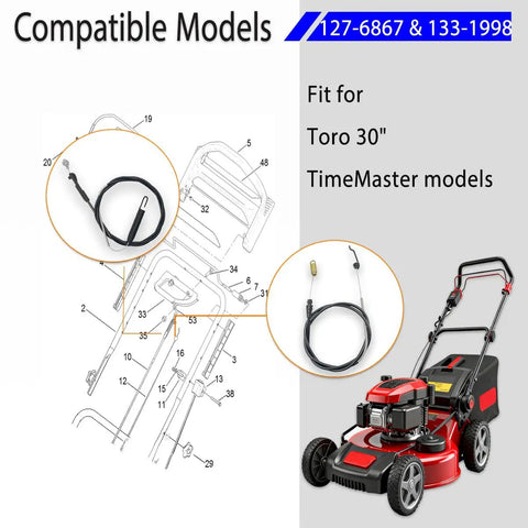 Dual Cable Replacement Kit For Toro TimeMaster Mowers Traction And Brake Cable Set diagram with compatible models shown