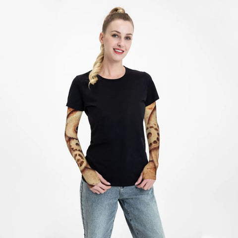 Chill Mode Arm Sleeves With Thumb Holes Upf 50 Sun Shield shown on a model wearing a black shirt and denim jeans.