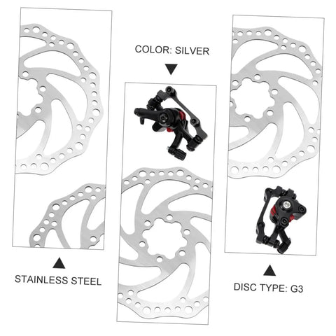 Heavy Duty Front And Rear Mechanical Disc Brake Pad Upgrade For Mountain Bikes Featuring Forged Aluminum Frames And Chunky Sintered Pads For Killer Stopping Power Easy Tweaks And Dependable Trail Performance All Around, showing silver stainless steel disc and G3 caliper.