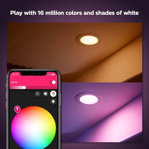 Smart Color Ambiance BR30 LED Bulb 85W Equivalent, 1200 Lumens, E26 Base, shown in ceiling light with Hue app control on phone screen.
