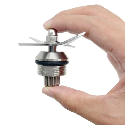 Person holding Wet Blade Assembly Replacement Kit With Wrench Drive Socket And Removal Tool For High-Power Blenders Fits 64oz 48oz And 32oz Standard Containers Compatible With 500 4500 5000 5200 5500 6300 Series stainless steel wet blade assembly.