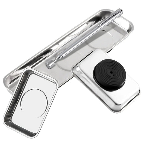 Magnetic Tray Set With 5 Lb Telescoping Magnetic Pickup Tool Includes One 8.9 Inch By 2.5 Inch Rectangle Tray And Two 3.7 Inch By 2.5 Inch Trays Pro Grade Heavy Duty Stainless Steel Magnetic Bowls For Screws Nuts And Small Parts For Mechanics, with pickup tool