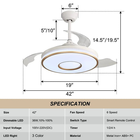 42 Inch Smart Ceiling Fan With Remote And Lights, Modern Chandelier Style, DC Motor, 3 Blades, Bladeless Retractable Design