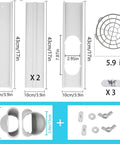 Portable Window AC Kit With Flexible Hose And Adjustable Seal For Vertical Or Horizontal Windows 5.9 Inch Diameter 59 Inch Length Keeps Your Room Cool Saves On Energy Bills Reusable PVC Window Seal components and dimensions.