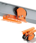 Heavy Duty Electric Hoist Trolley Workhorse 1 Ton Capacity With Dual Wheel Push Beam Trolley in orange on metal beam