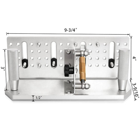 Front view of Pro Grade Belt Grinder Knife Jig With Adjustable Angle -5 To 25 Degrees showing dual press plates and dimensions.