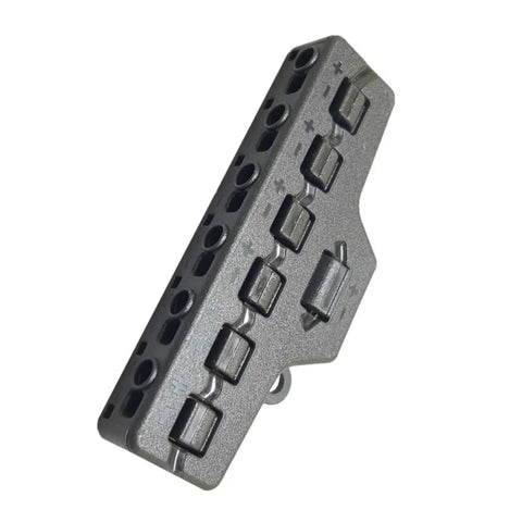 Slick One To Six LED Strip Light Connector Block With No Sweat Wire Splitter for low voltage power distribution. Gray plastic design.
