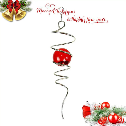 Gazing Ball Spiral Wind Spinner With Stainless Steel Tail, Hanging Swivel Hook, Weather Resistant Indoor Outdoor Decor In Silver And Red, 13 Inch Overall Height, 2 Inch Glass Ball, 2.5 Inch Spiral hanging red glass ball