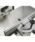 Close-up view of Bad Ass Heavy Duty Horizontal Slot Mortiser's aluminum table and adjustable fence for precision cuts.