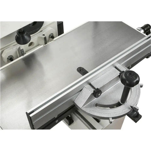 Close-up view of Bad Ass Heavy Duty Horizontal Slot Mortiser's aluminum table and adjustable fence for precision cuts.