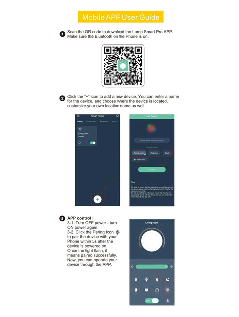 Mobile app user guide for downloading and using the Lamp Smart Pro APP with QR code and interface instructions.