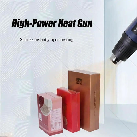 High-Power Heat Gun demonstrating shrink sealing on product boxes with a smooth finish for packaging efficiency.