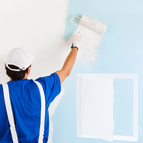Person painting a wall near a Heavy Duty Plastic Access Panel For Drywall 18x18 Inch Removable Wall Door.