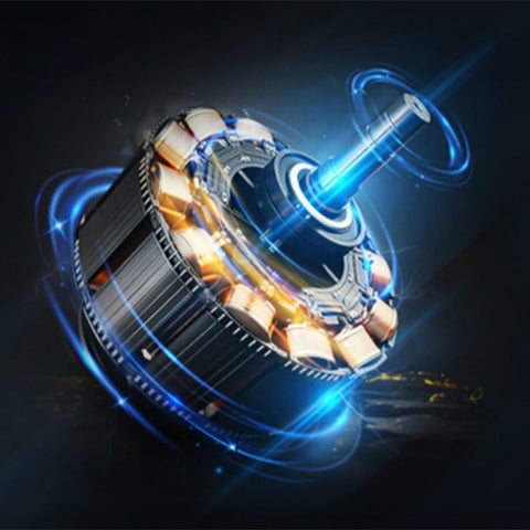 Close-up of a brushless motor from the Upgraded Turbocharged Brushless Turbine Fan With Mini Turbo Design, emitting blue light.