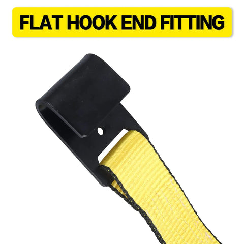 Yellow ratchet strap with flat hook end fitting. Beefy Heavy Duty Flat Hook Ratchet Straps Tie Down Straps 2 Inch By 27 Feet Weather Resistant 3333 Pound Working Load Limit For Flatbed Trucks Trailers Pickup 4 Pack Yellow.