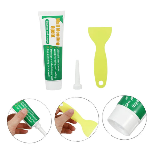 Two Set Wall Mending Repair Cream For Cracks Graffiti And Stains Easy To Apply Crack Paste With Scraper Quick Fix For Holes Peeling Walls And Maintenance Durable White Latex Repair Paste showing tube, nozzle, and scraper
