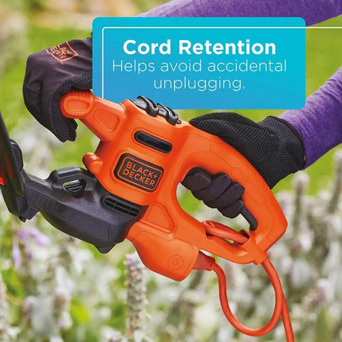 Corded 17 Inch Hedge Trimmer With 3.2 Amp Motor, Dual Action Blades For Reduced Vibration And Cleaner Cuts, cord retention detail