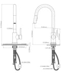 Technical drawing of RV Ready Pull Down Kitchen Faucet With One Hand Lever, Detachable Spray Head, Brushed Satin Nickel finish.