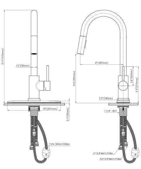 Technical drawing of RV Ready Pull Down Kitchen Faucet With One Hand Lever, Detachable Spray Head, Brushed Satin Nickel finish.