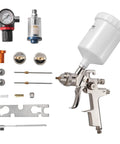 Heavy Duty Lvlp Air Spray Gun Featuring Gravity Feed Cup And Quick Swap Nozzles For A Hella Smooth Automotive And Wood Finish Includes Built In Pressure Regulator For No Fuss Shop Work, assorted tools and components included.