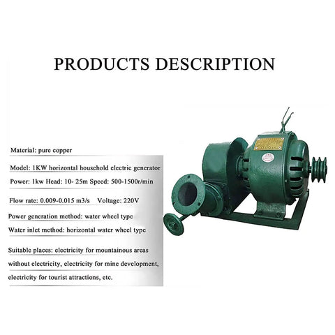 1000W Water Turbine Generator For Creek And Micro Hydro Horizontal Outdoor Hydroelectric Power Generator Off Grid 220V 1KW Output 10 To 25 M Head 500 To 1500 RPM Rugged Cast Iron