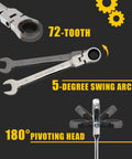 Stubby 12 Piece Metric Ratcheting Wrench Set With 8 To 19mm Sizes Pro Grade Chrome Vanadium Steel Wrenches Combination Ended Standard Kit In Portable Carry Bag showing 72-tooth ratchet, 5-degree swing arc, 180° pivoting head.