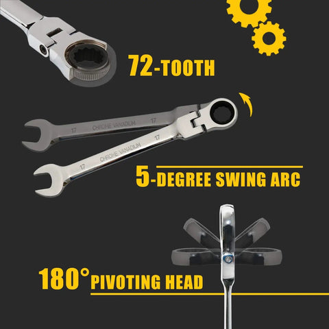 Stubby 12 Piece Metric Ratcheting Wrench Set With 8 To 19mm Sizes Pro Grade Chrome Vanadium Steel Wrenches Combination Ended Standard Kit In Portable Carry Bag showing 72-tooth ratchet, 5-degree swing arc, 180° pivoting head.