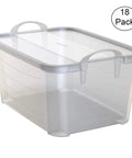 Heavy Duty Stackable Storage Bins Eighteen Pack White Plastic 55 Quart clear container with lid and soft grip handles.