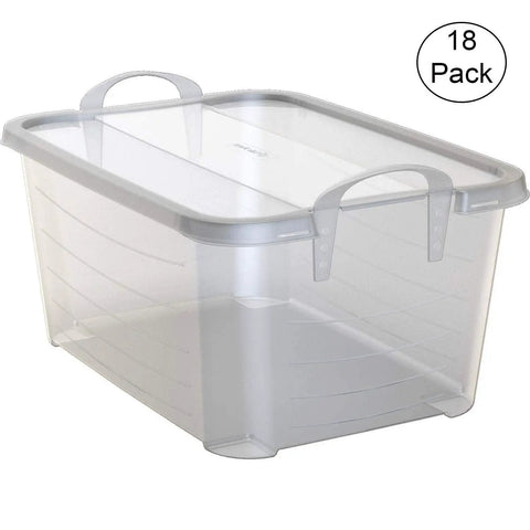Heavy Duty Stackable Storage Bins Eighteen Pack White Plastic 55 Quart clear container with lid and soft grip handles.