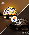 Comparison of blue glass turtle night light with handcrafted inlays vs. others, showing vibrant LED glow and detailed shell design