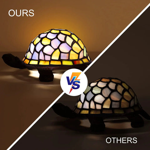 Comparison of blue glass turtle night light with handcrafted inlays vs. others, showing vibrant LED glow and detailed shell design
