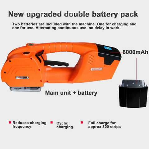 No Sweat Hand Held Electric Strapping Machine With 6000Mah Battery Powered Heat Welder For PP Pet Tape showing double battery pack design.