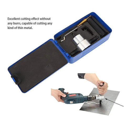 6 Pack Double Head Metal Sheet Nibbler Cutter Drill Attachment Kit For Thin Steel Iron Cutting With 360 Degree Rotation Swivel Design, tools in blue case.