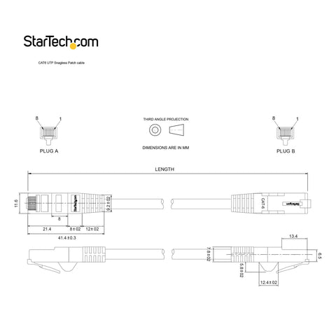 Technical drawing of 12Ft Cat6 Ethernet Patch Cable Black Snagless With Strain Relief 250MHz 24AWG Copper RJ45