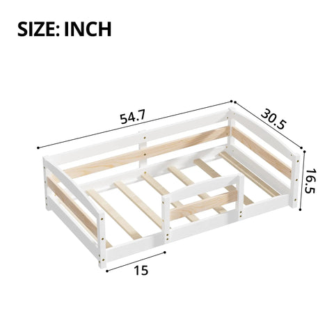 Toddler Floor Bed Frame With Safety Rails In White Finish Solid Wood Twin Size Low Profile Platform Bed dimensions shown