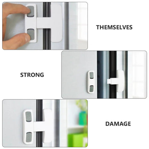 Fridge And Cabinet Safety Lock Set With Protective Plastic Covers, Quick Peel And Stick No Drill Install shown on refrigerator handle.