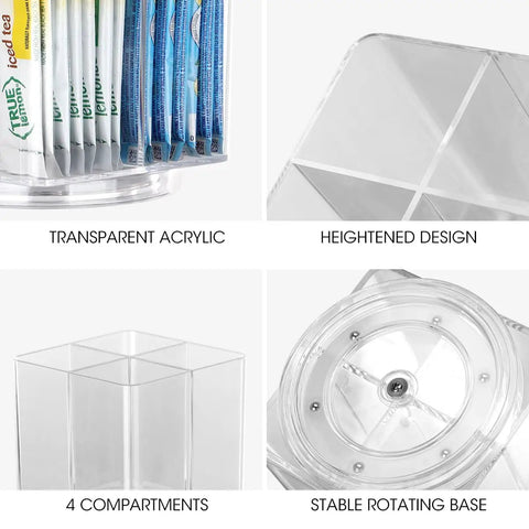 No Sweat Spin Lazy Susan Drink Packet Organizer Square Four Compartment Pantry Turntable with transparent acrylic construction and rotating base.