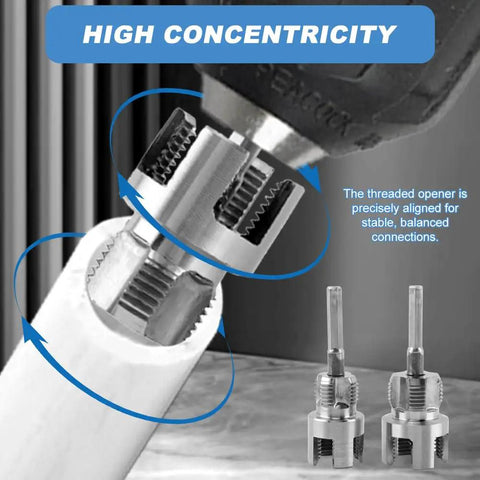 2 Pack Pipe Threading Tool For Internal And External Threads Dual End One Half Inch And Three Quarter Inch NPT Dies For PPR PVC MPP Pipes With Hex Shank For Power Drills And Inside Pipe Cutter DIY Friendly Silver in use on white pipe, with close-up of threading action showing high concentricity, featuring two tools side by side.