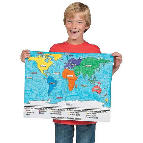 Child holding a colored World Map Coloring Poster Set For Kids, 30 Large 22x17 Inch Giant Wall Maps, Educational Geography Activity